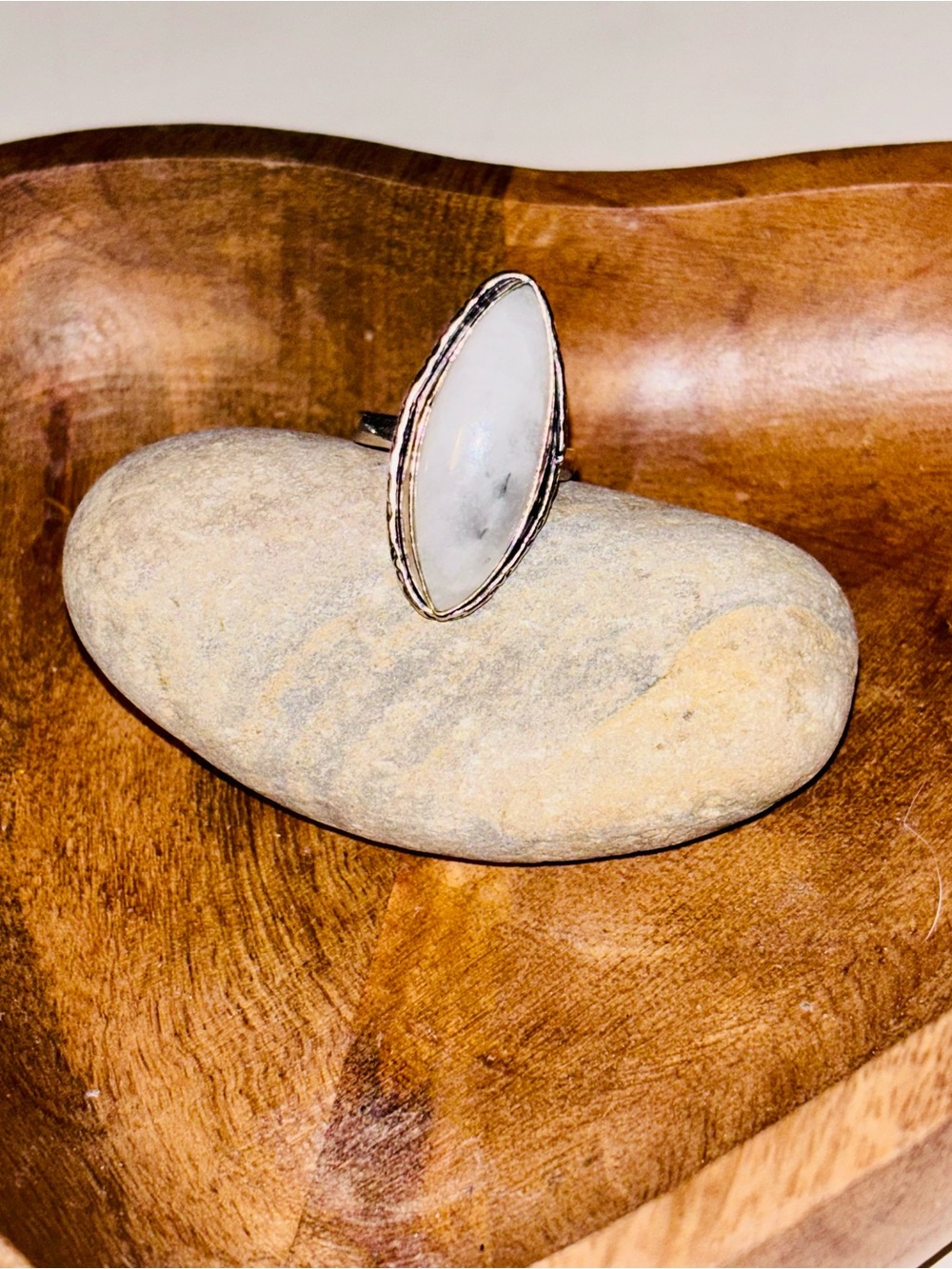 White Marquise Statement Boho Moonstone Style Elongated Ring | Size 7